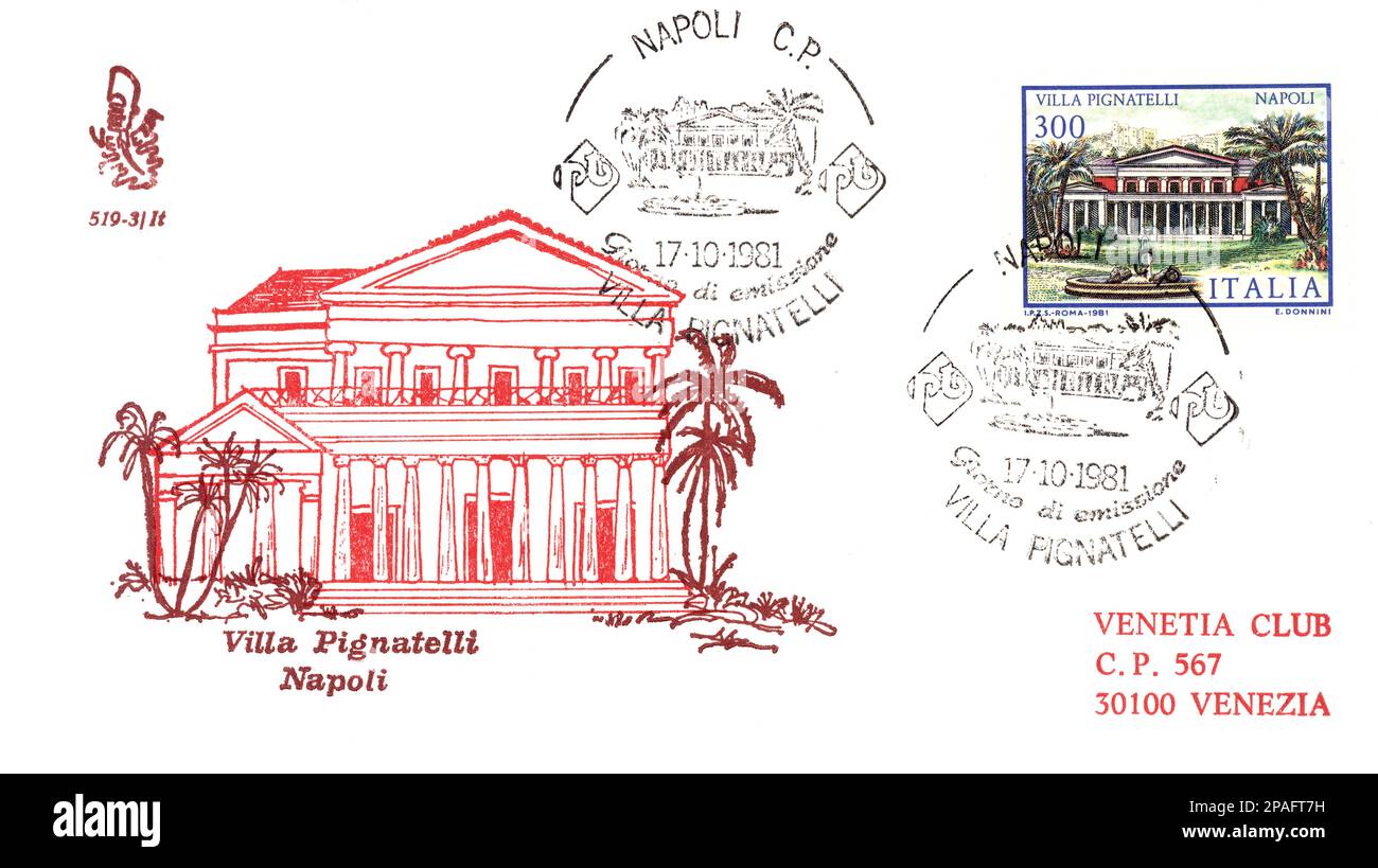 1981 , Neapel , Italien : erster Tag des Postbogens für die italienische Post-Holz-VILLA PIGNATELLI . Die gefeierte italienische Prinzessin ROSINA ( Rosa ) PIGNATELLI ARAGONA CORTES di Terranova ( Palermo 1869 - Neapel 1955 , geboren aus dem Duca FICI di AMAFI) heiratete den Prinzen Diego Pignatelli Aragona Cortes ( Palermo 1862 - Napoli 1930 ), der die schöne VILLA PIGNATELLI , Riviera di Chiaia in Neapel. Nach dem Tod von Prinzessin Rosina wurde die Villa dem Stato Italiano und heute eine Figur wie das Museo Diego Pignatelli Aragona Cortes gegeben . Rosina war die Mutter von 5 Kindern ohne Nachkommen Stockfoto