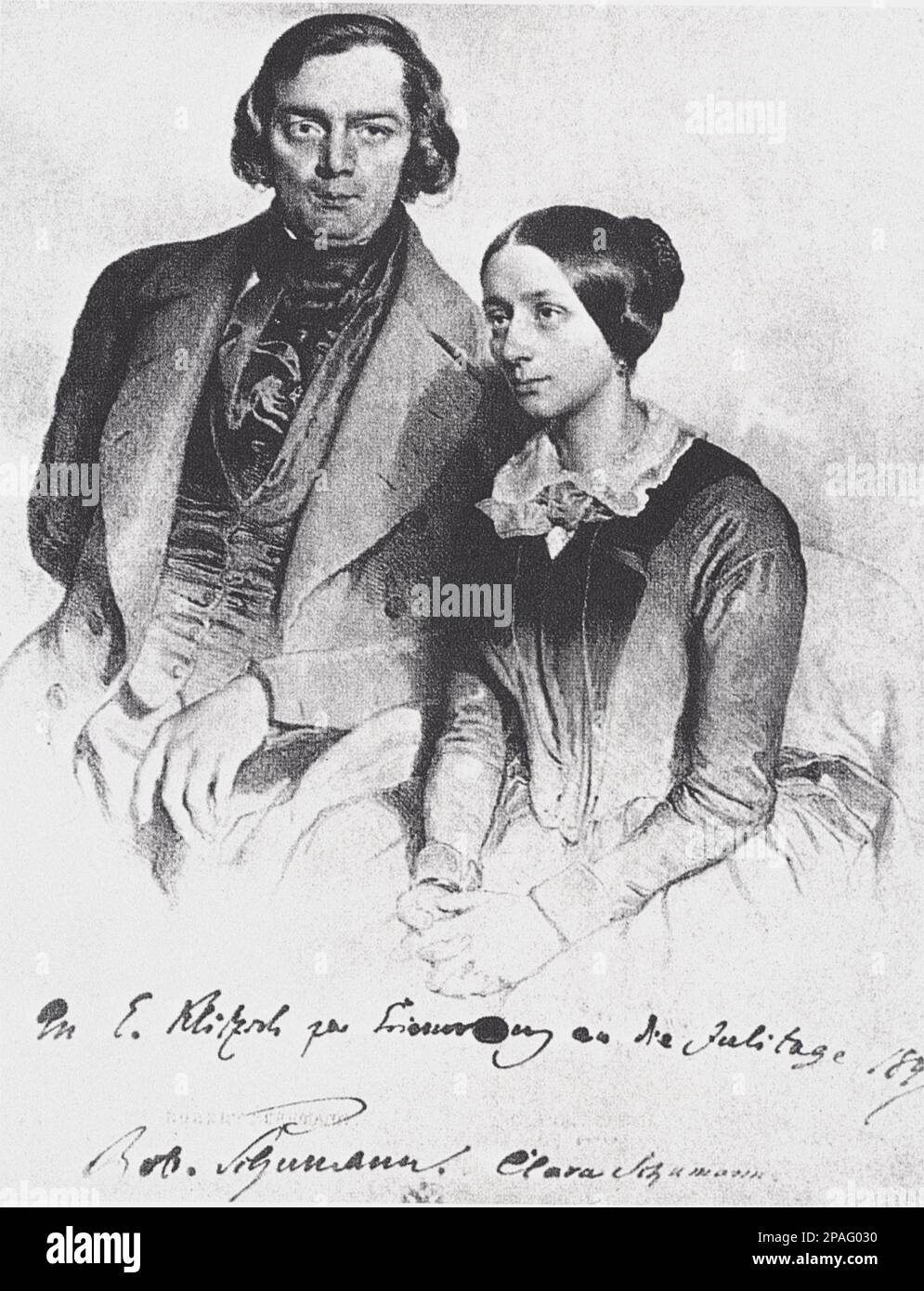 1847 : der gefeierte deutsche Komponist ROBERT SCHUMANN ( 1810 - 1856 ) und seine Frau CLARA Wieck ( 1819 - 1896 ), Freunde von Johannes Brahms - MUSICA CLASSICA - KLASSISCH - COMPOSITORE - MUSICISTA - Portrait - ritratto - profilo - Profil - Incisione - Gravur - Maritos e Moglie ---- ARCHIVIO GBB Stockfoto