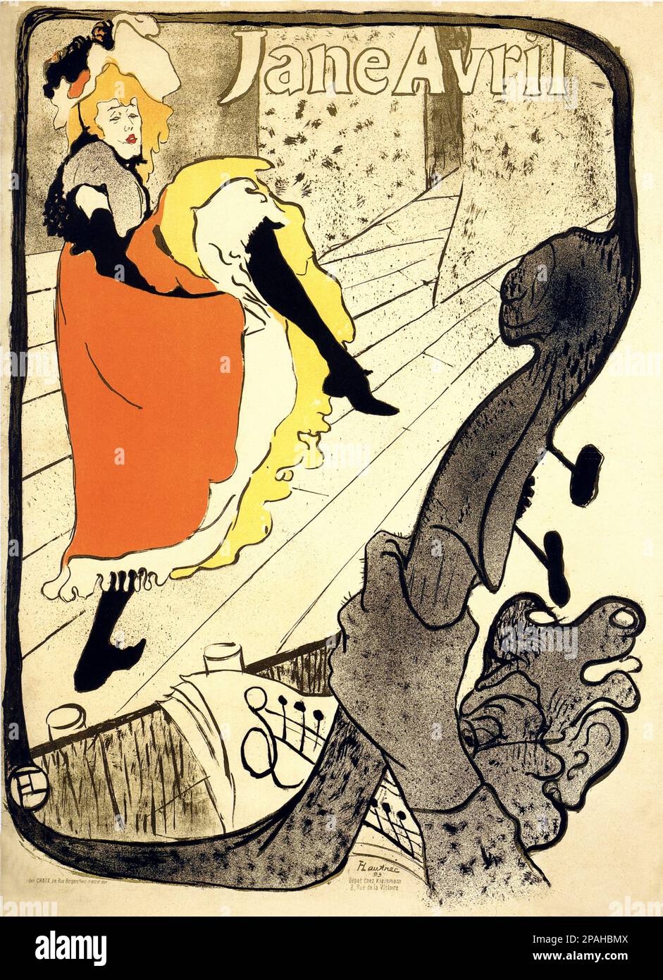 1893, Paris , FRANKREICH : die französische Can-Can-Tänzerin JANE AVRIL ( geboren am 1868 . - 1943 . Jeanne Beaudon ) im MOULIN ROUGE in einem Werbetoster des gefeierten französischen Malers Henry de TOULOUSE - LAUTREC ( Albi 1864 - Malrome , Gironde 1901 ) - CAN - Ballerina - balletto - Ballerine - TANZ - FOTO STORICHE - GESCHICHTE - KUNST - ARTE - PITTURA - PITTORE - Portrait - Rituto - BELLE EPOQUE - PARIGI - Gambe - leggy Pose - Poster - Manifesto pubblicitario - TABARIN - NACHTCLUB --- Archivio GBB Stockfoto