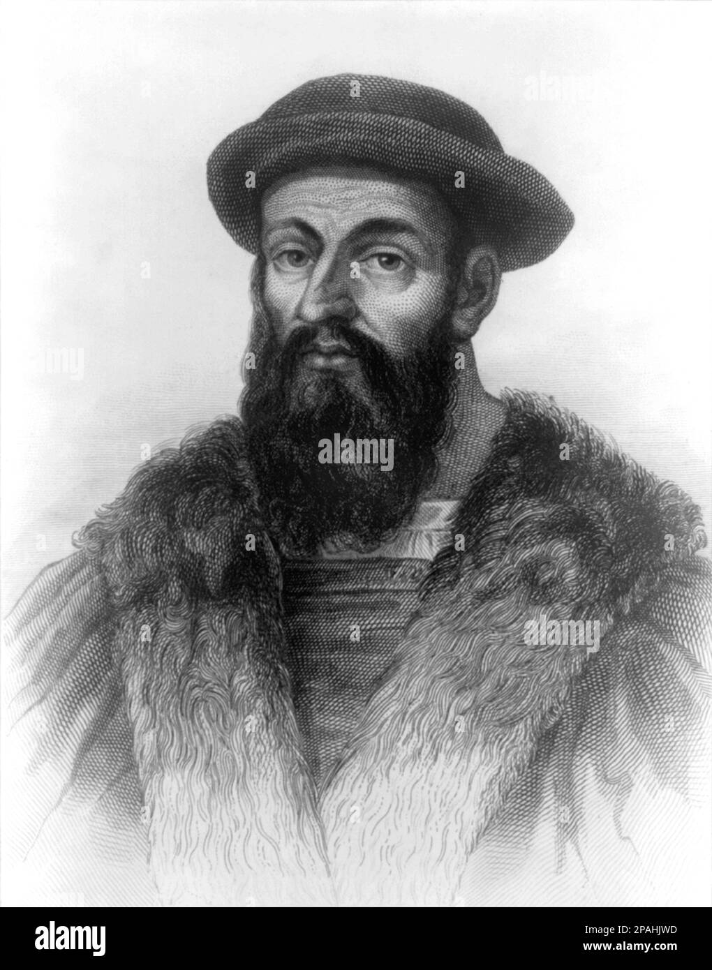 Ferdinand Magellan ( Portugiesisch: Fernao de Magalhaes - Spanisch: Fernando oder Hernando de Magallanes ) ( 1480 - 1521 ) war ein portugiesischer Meeresforscher, der im Dienste der spanischen Krone versuchte, eine westliche Route zu den indonesischen Gewürzinseln zu finden. Das war der erste erfolgreiche Versuch, die Erde zu umrunden. Obwohl er nicht die gesamte Reise absolvierte (er wurde während der Schlacht von Mactan auf den Philippinen getötet), schloss der Navigationskollege Juan Sebastian Elcano die letzte Reise nach Westen ab. Gravur Porträt von 1810 ESPLORATORE - NAVIGATORE - Ferndando Fe Stockfoto