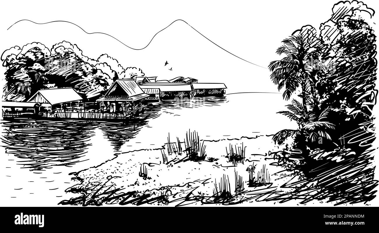 Skizze der Flusslandschaft in Südostasien mit Dorf, Dschungel und Berg, handgezeichnete Vektordarstellung Stock Vektor