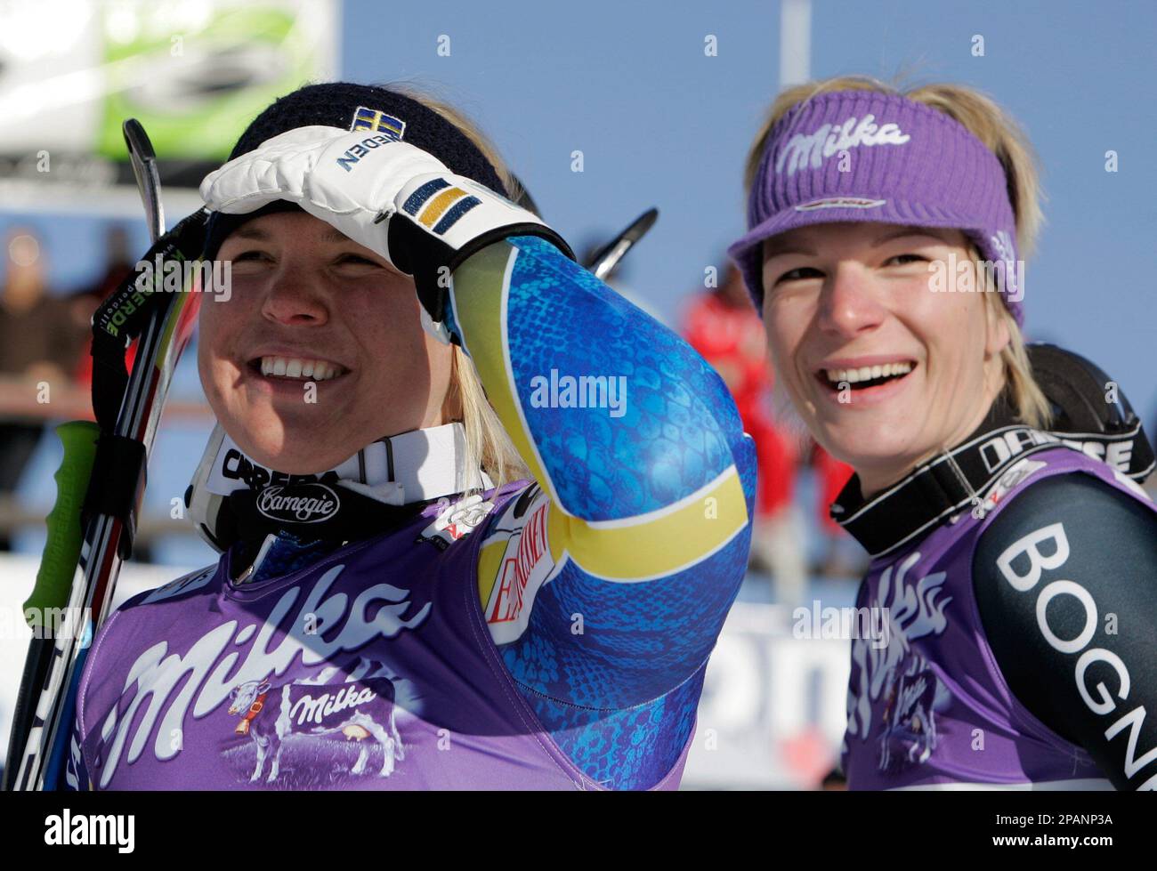 Anja Paerson from Sweden, left, winner of the Women's World Cup ...