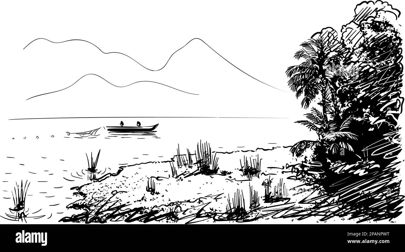Skizze der Seenlandschaft mit Fischerboot, Dschungel und Bergen, handgezeichnete Vektordarstellung Stock Vektor