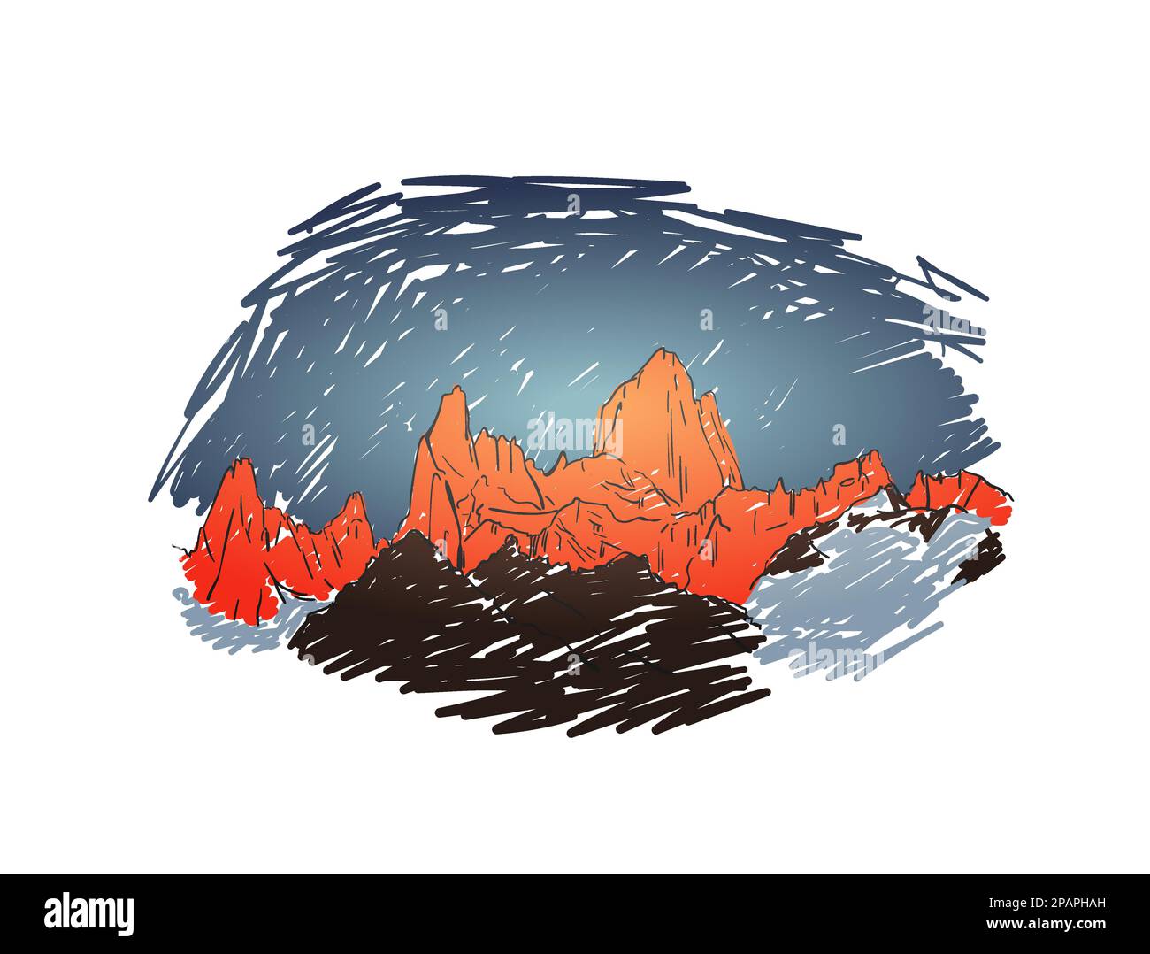 Skizze des Fitz Roy Bergmassivs bei Sonnenaufgang, handgemalte Vektorzeichnung, farbige Illustration Stock Vektor