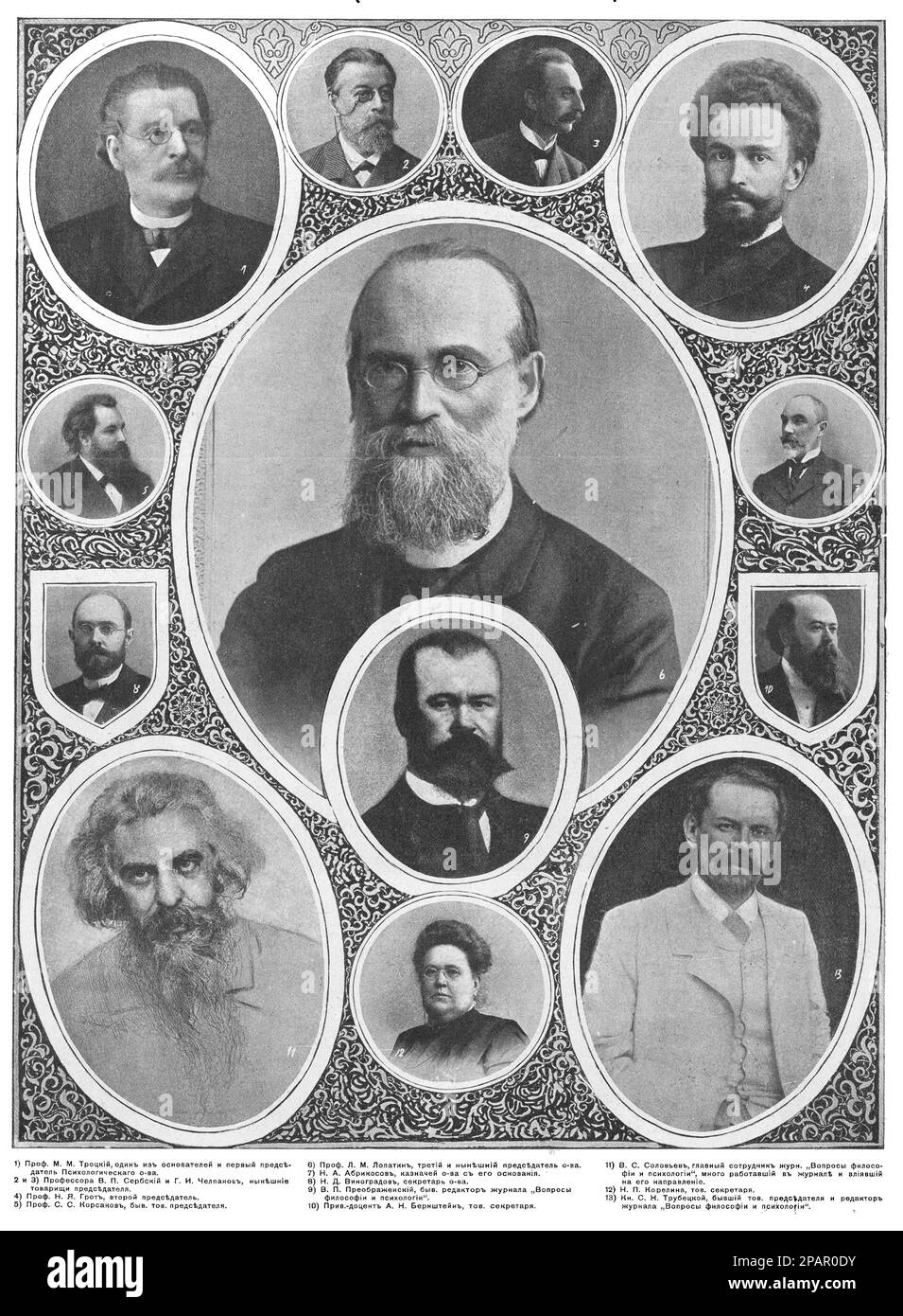 Collage zum 25. Jahrestag der Russischen Psychologischen Gesellschaft mit Porträts von Mitgliedern der Gesellschaft. Foto von 1910. Stockfoto