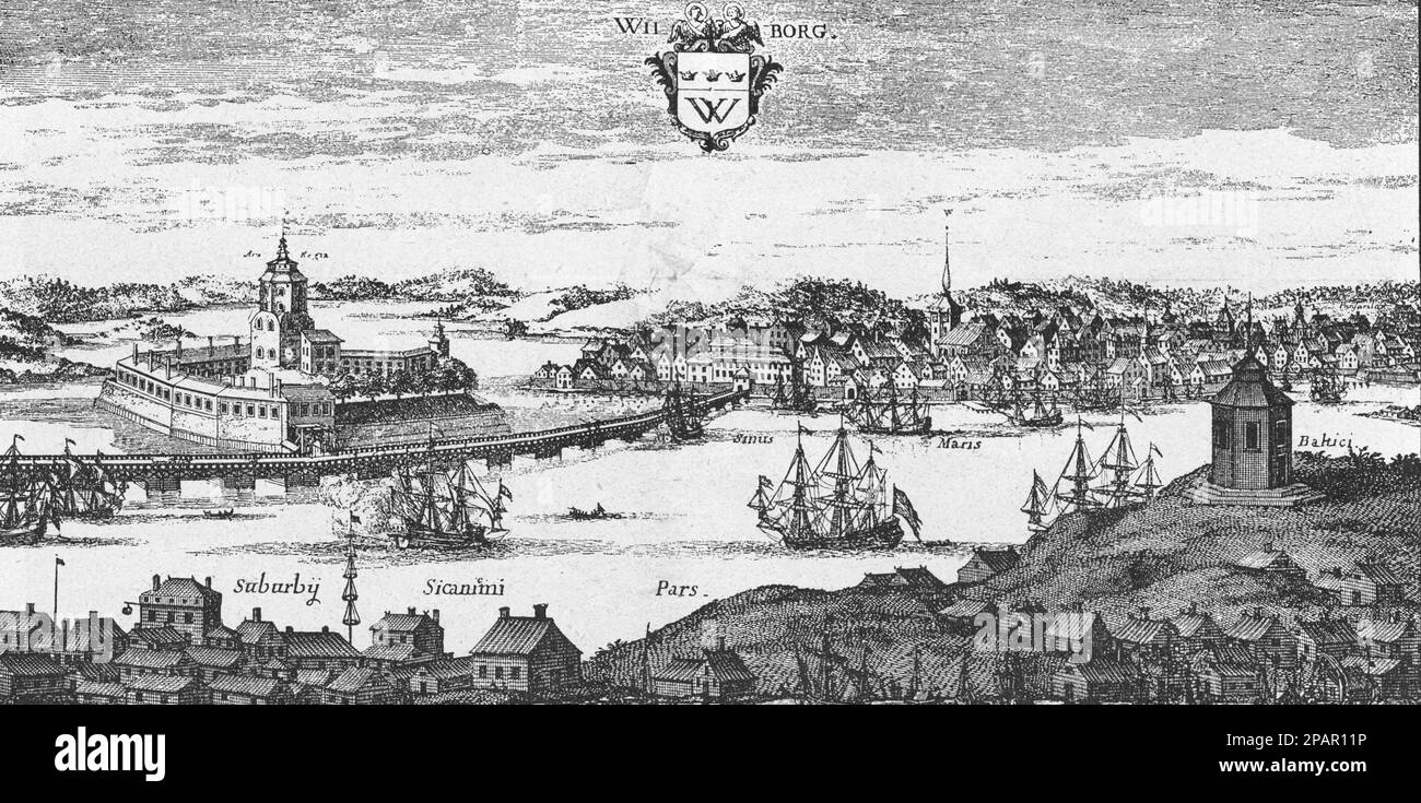 Allgemeiner Blick auf Vyborg. Mittelalterliche Gravur. Stockfoto