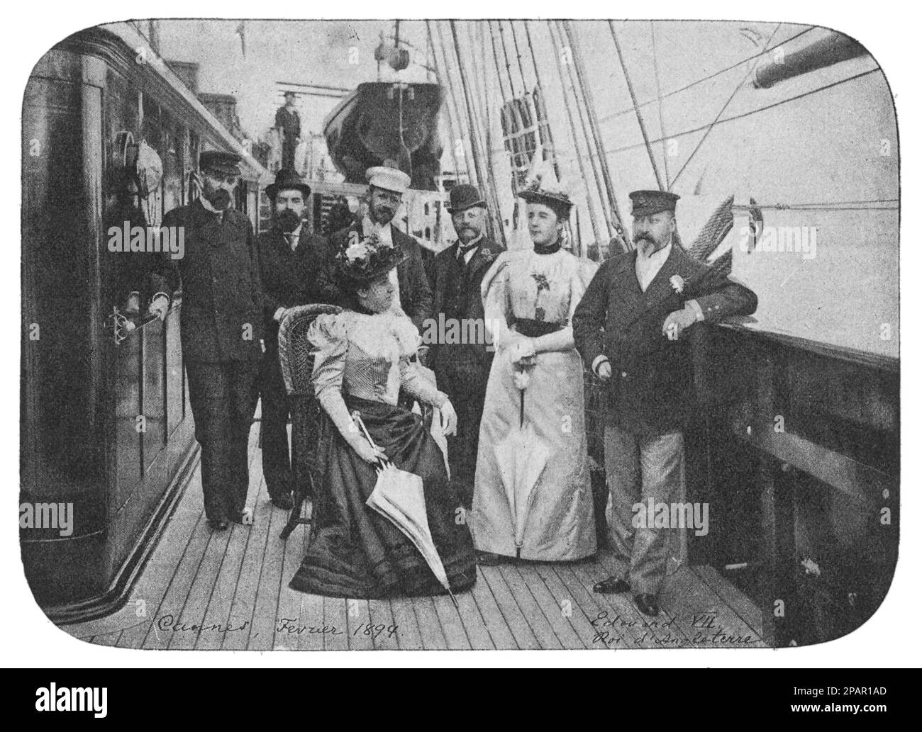 König Edward VII unter Russen auf der Yacht von A.G. Kusnetsov 'Foros' in der Nähe von Cannes. Foto von 1894. Stockfoto
