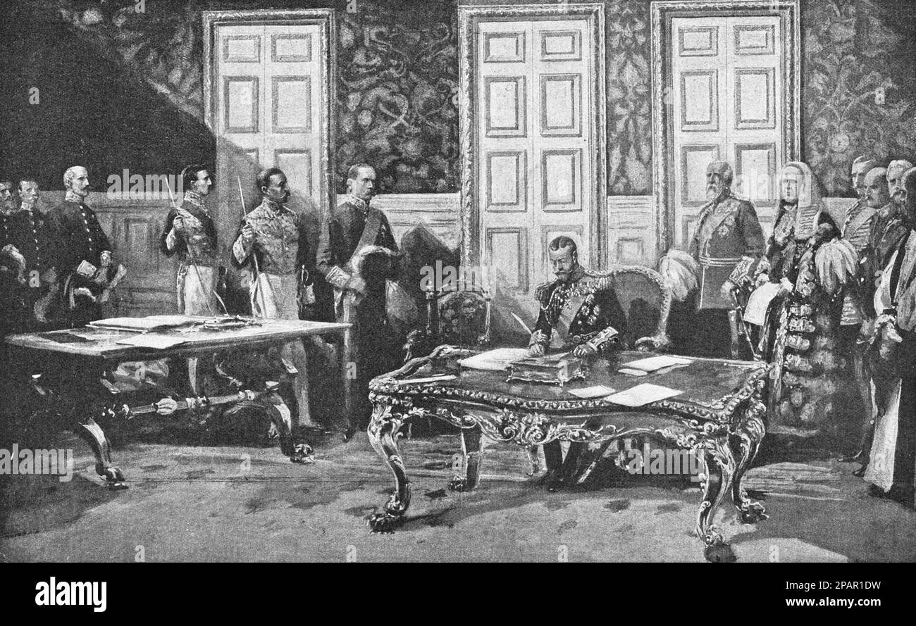 König George V. unterzeichnet das erste Dekret. Zeichnung aus 1910. Stockfoto
