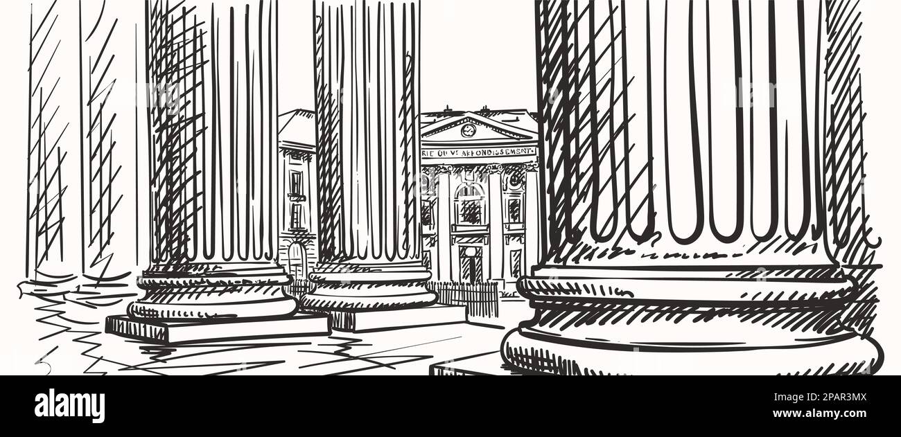 Klassische Architektur, schnelles Zeichnen, Skizze des Rathauses von Paris 5. Arrondissement aus der Pantheon-Kolonnade, handgemalte Vektorlandschaft Stock Vektor