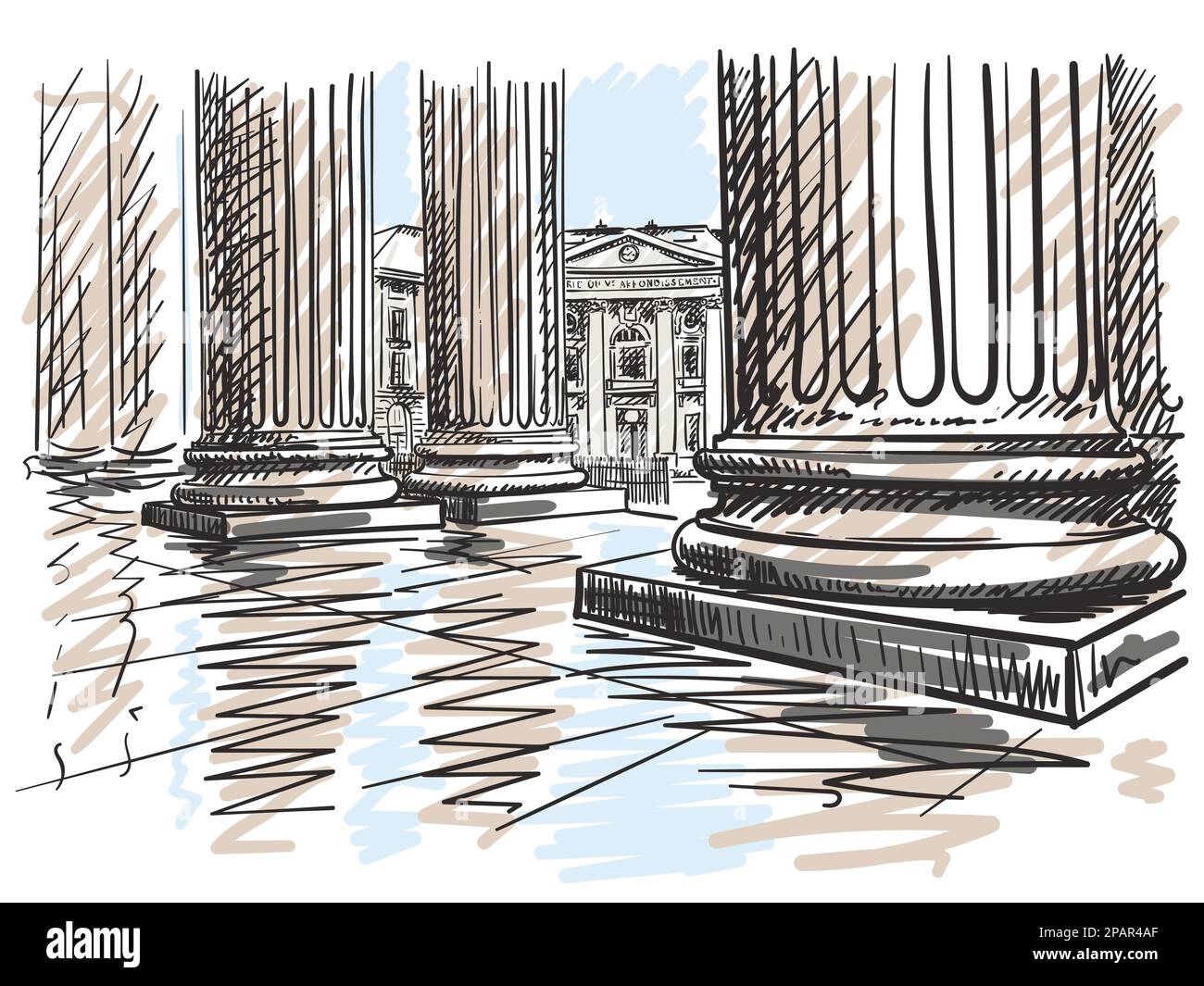 Skizze des Rathauses von Paris, 5. Arrondissement, von der Pantheon-Kolonnade gesehen, handgezeichnete Vektorzeichnung Stock Vektor