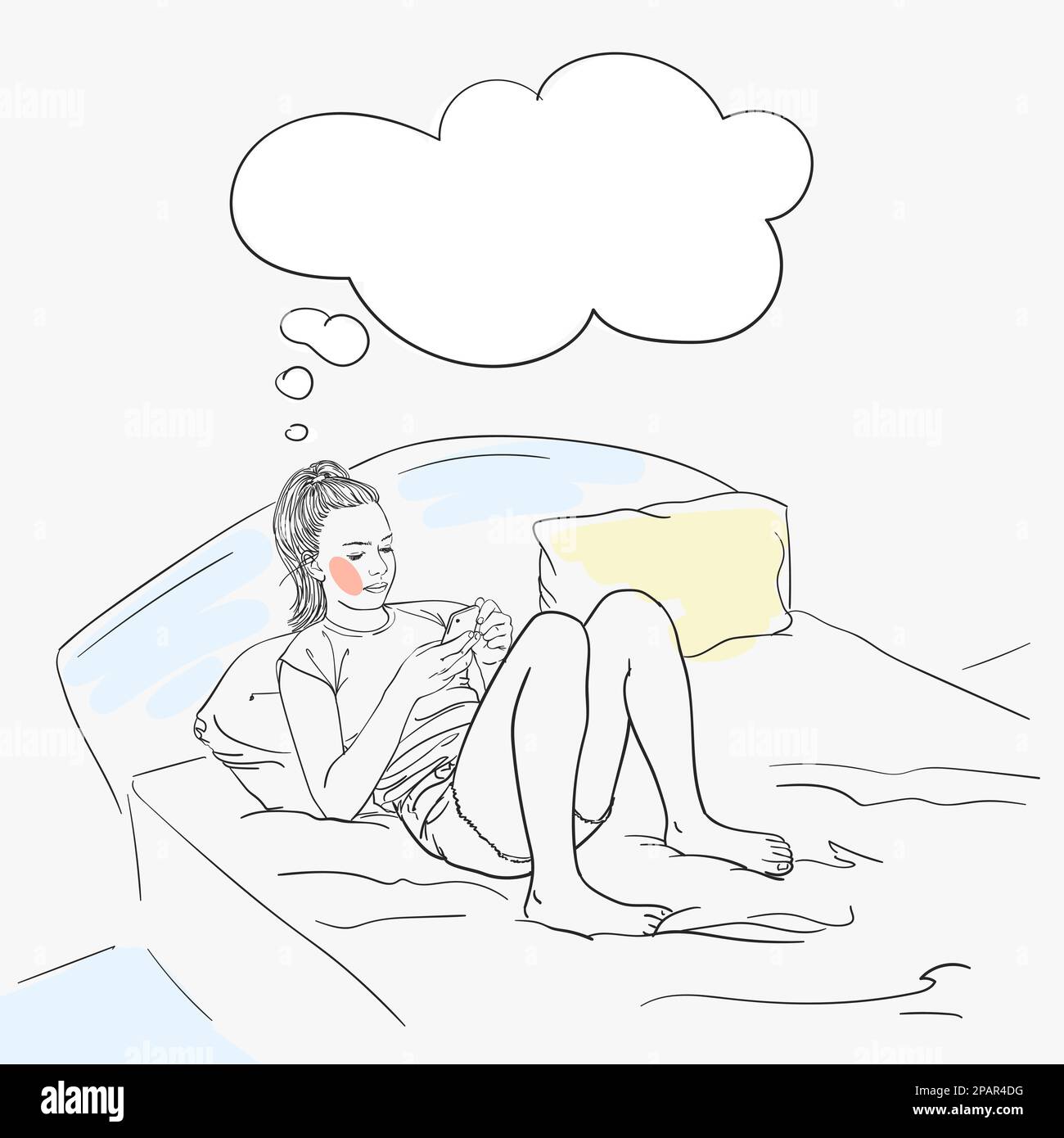 Das Mädchen liegt mit dem Smartphone im Bett und träumt, Gedankenblase über ihrem Kopf. Vektorskizze, handgezeichnete Illustration Stock Vektor