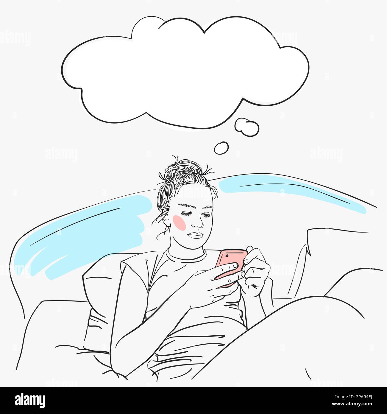 Das Mädchen sitzt mit dem Smartphone im Bett und träumt, die Gedanken blasen sich über den Kopf. Vektorskizze, handgezeichnete Illustration Stock Vektor