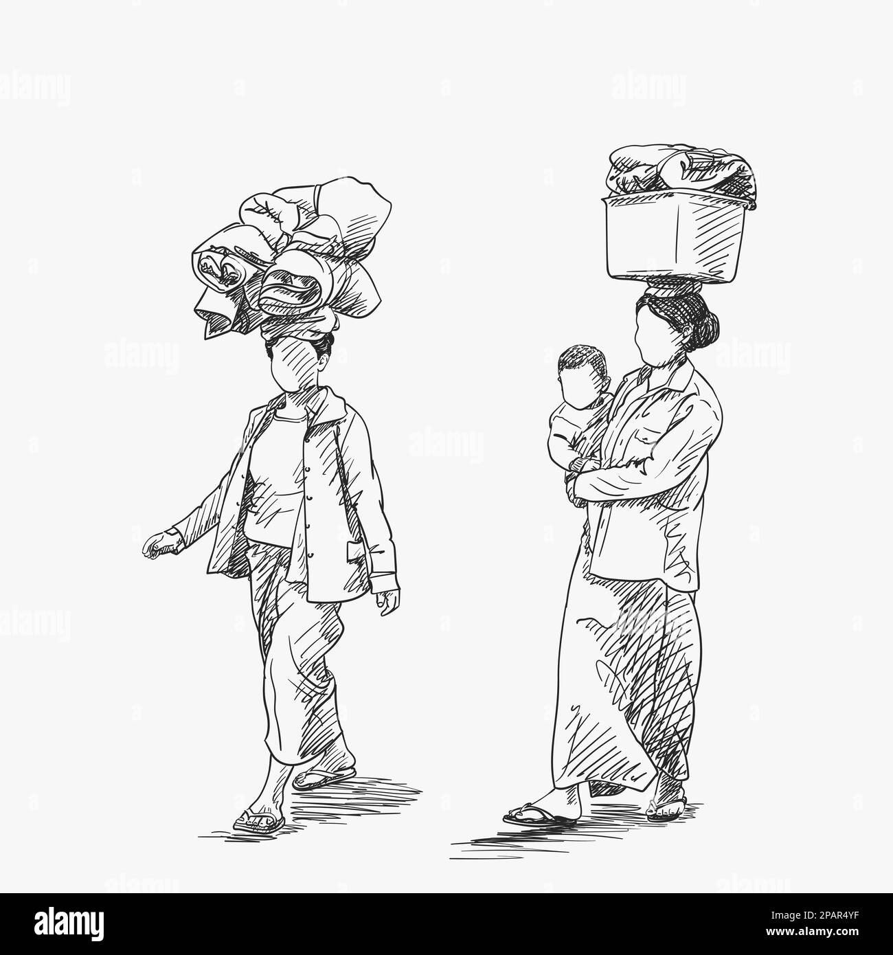 Zwei burmesische Frauen ohne Gesicht tragen große Lasten auf dem Kopf, eine Frau mit Baby im Arm, Vektorskizze mit Schraffuren, handgezeichnete Illustration Stock Vektor