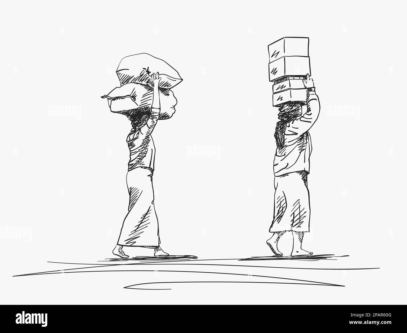 Zwei burmesische Frauen tragen große Lasten auf ihren Köpfen, Vektorskizze mit Schraffuren, handgezeichnete Illustration Stock Vektor
