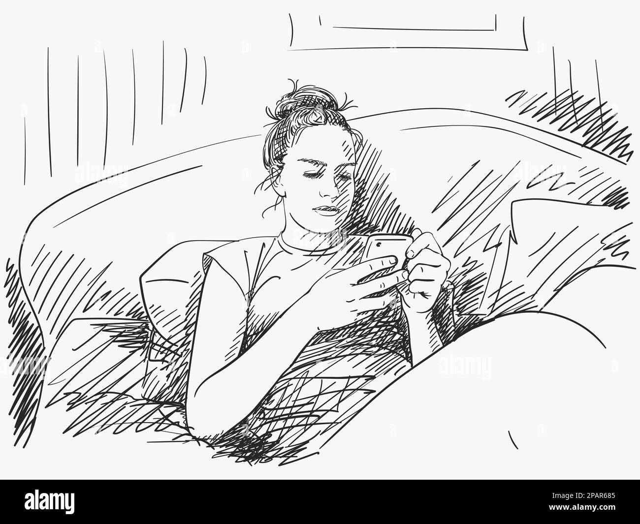 Vektorskizze eines jungen Mädchens, das im Bett mit Smartphone sitzt, handgezeichnete Illustration Stock Vektor