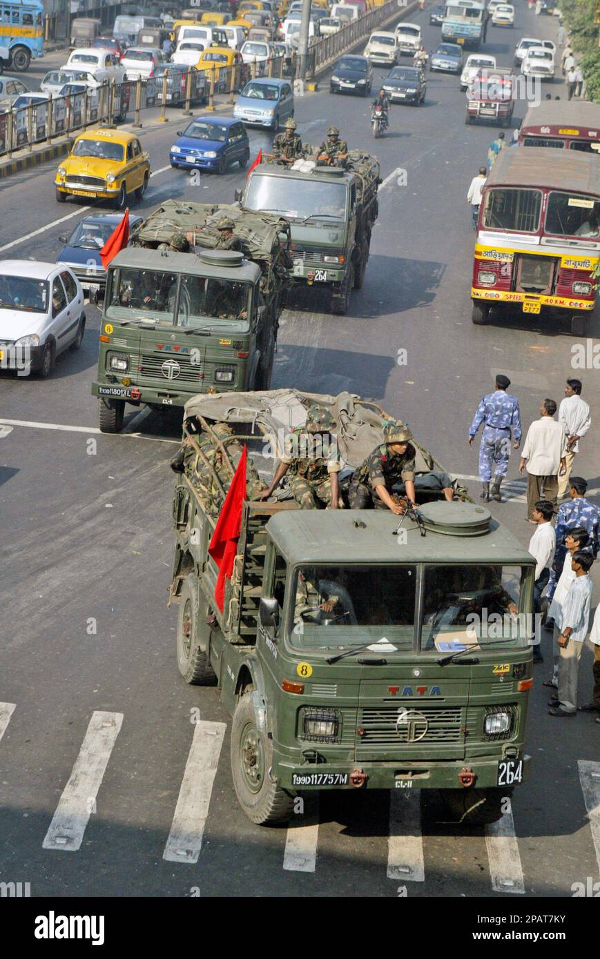 Indian army soldiers patrol through the streets, in Calcutta, India
