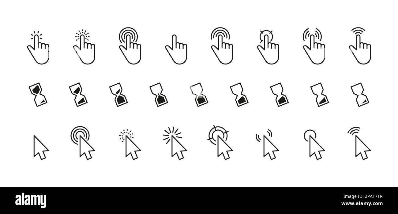 Cursorsymbol der Benutzeroberfläche. Mausklick- oder Fingerzeiger-Ladezeichen des Computers, einfache Internet-Verbindungs-Web-Schaltflächen. Lineares Vektorset. Sanduhr-Animation für wartenden, berührenden Bildschirm Stock Vektor