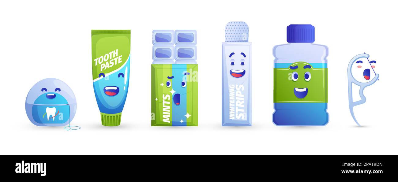 Mundpflegecharaktere. Zahnhygieneprodukte mit süßen Gesichtern und verschiedenen Emotionen, Cartoon-Zahnheilkunde-Personagen, Mundreinigungskonzept. Vektorsatz. Frische Atem- und Mundgesundheit Stock Vektor