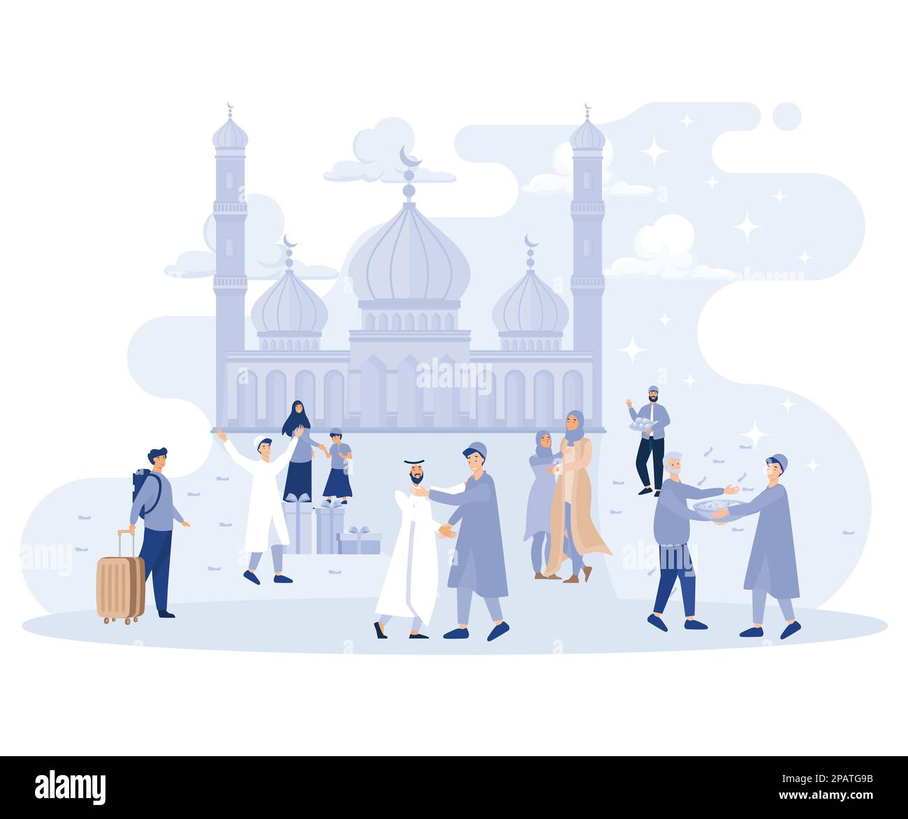 Moslemischer Eid Fitr-Grußkarte. Die Menschen lieben es, die schnelle, flache, moderne Illustration zu brechen Stock Vektor