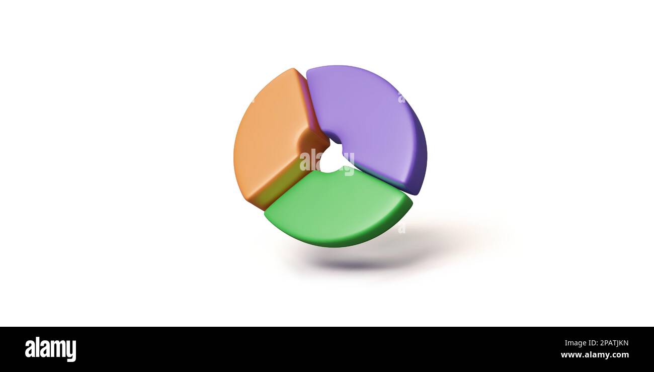 3D Ringdiagramm isoliert auf weiß. Symbol Kreisdiagramm. Grafik in den Farben Grün, Orange und Violett. Vektordarstellung Stock Vektor