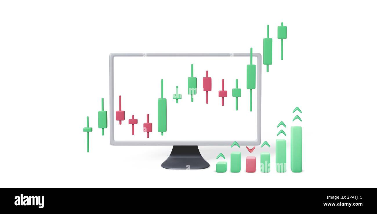PC-Monitor mit Kerzendiagramm auf dem Bildschirm und Balkendiagramm. Handelsplattform für Aktien und Kryptowährungen. Online-Börsenmarkt. Vektor Stock Vektor