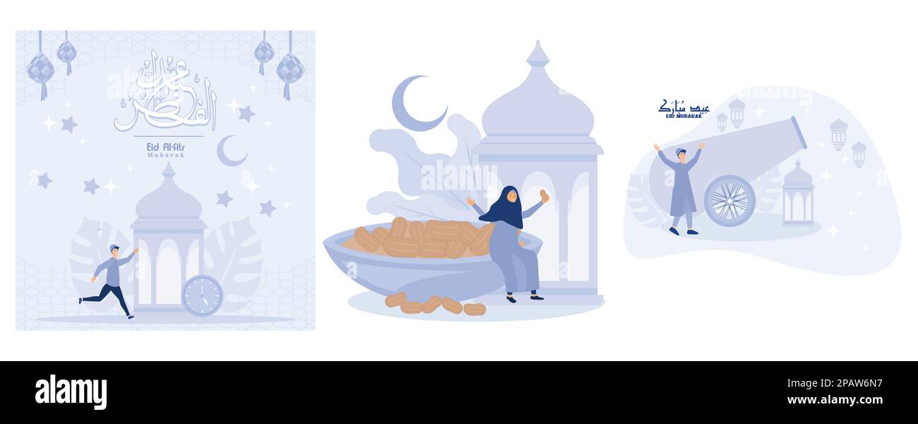 Moslems sind glücklich, wenn sie Ramadans Tempo brechen, ein Moslem freut sich, den Monat des Ramadan zu begrüßen, eine flache Vektor-moderne Illustration Stock Vektor