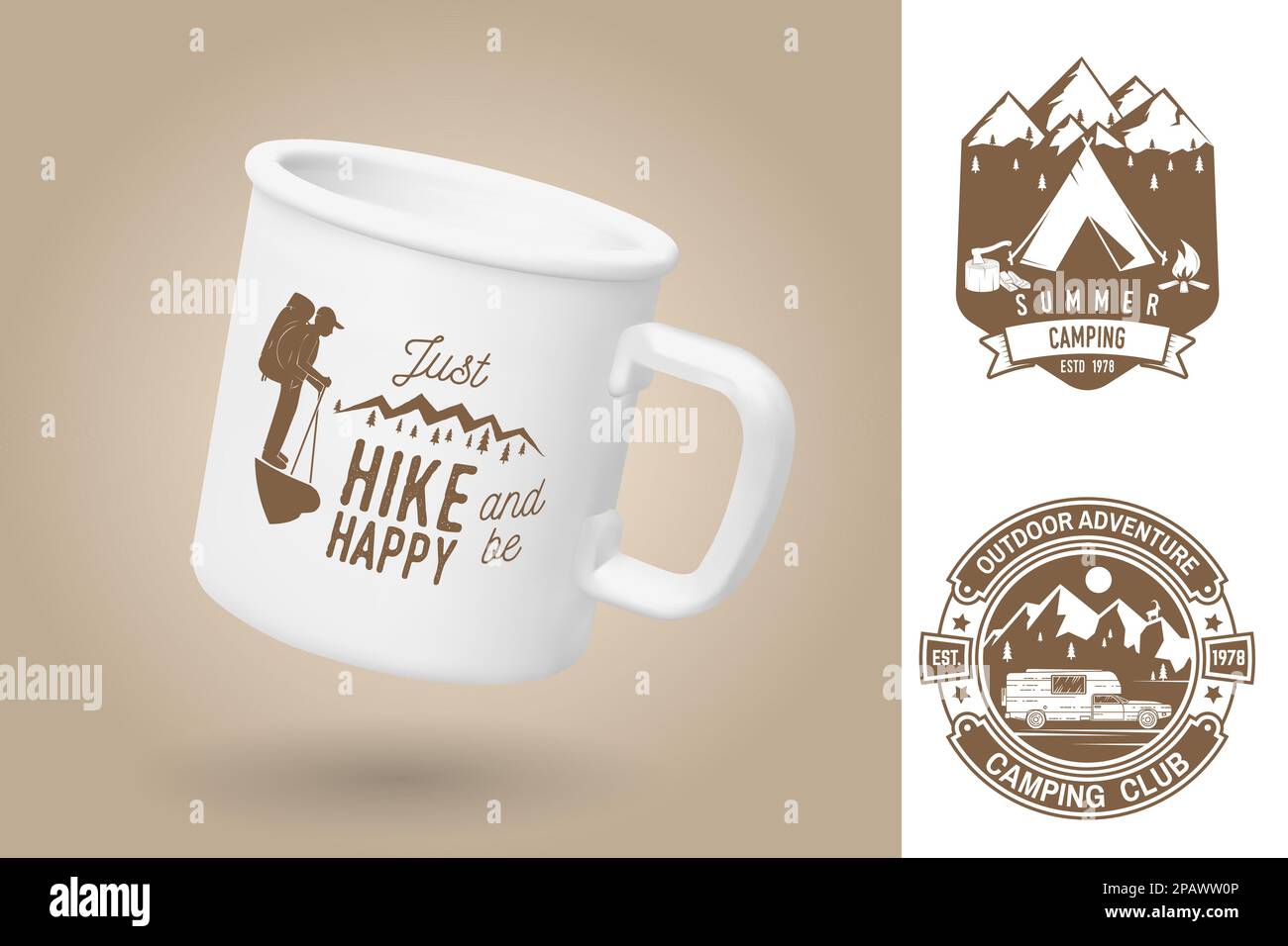 Weißer Campingbecher. Realistische Mug-Modellvorlage mit Beispieldesign. Vektor 3D-Abbildung. Einfach wandern und glücklich sein. Sommerlager. Zitate über Camping Stock Vektor