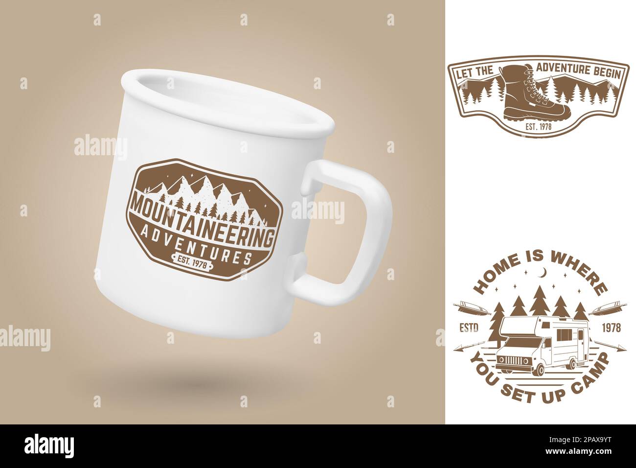 Weißer Campingbecher. Realistische Mug-Modellvorlage mit Beispieldesign. Vektor 3D-Abbildung. Bergsteigerabenteuer. Sommerlager. Zitate über das Camp Stock Vektor