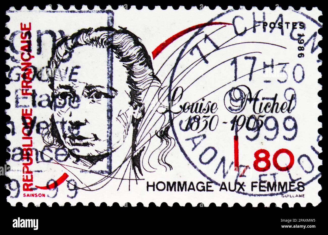 MOSKAU, RUSSLAND - 15. FEBRUAR 2023: Frankreichs Briefmarke gedruckt Frauen feiern: Louise Michel (1830-1905), Hommage Aux Femmes Serie, Circ Stockfoto
