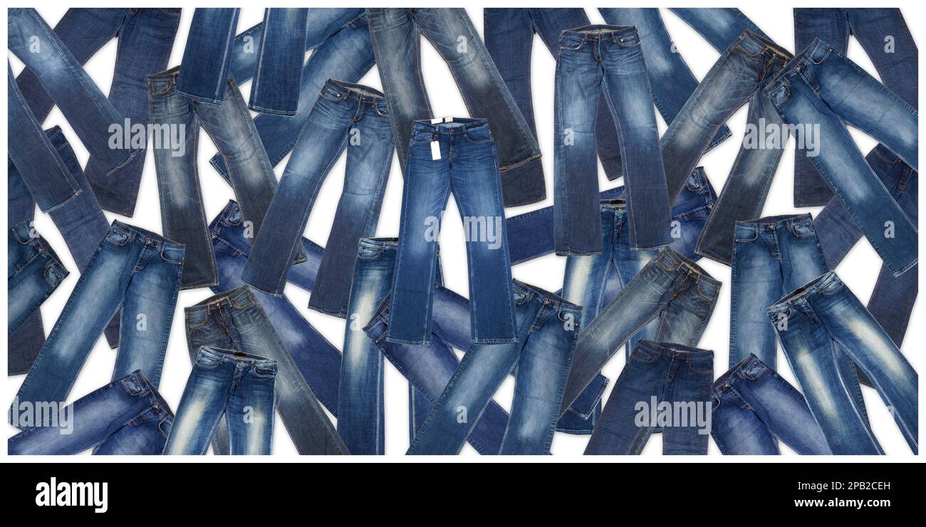 Vaeious Denim Blue Jeans Panorama Hintergrund - Vorderseite mit Label isoliert auf weiß Stockfoto