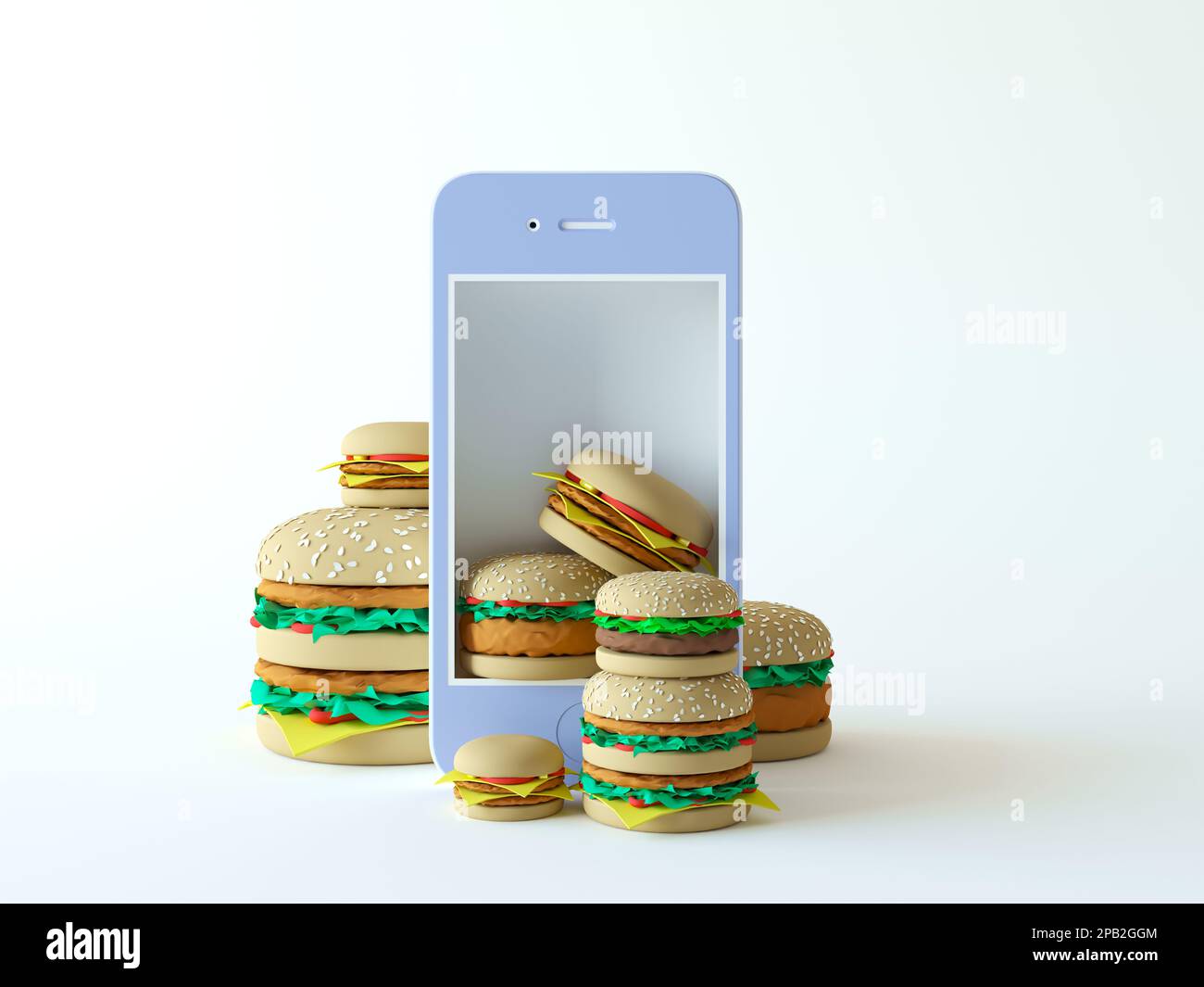 App für die Lieferung von Fast Food nach Hause. Kreatives Konzept für die Online-Lebensmittellieferung. Hamburger im Smartphone isoliert auf weißem Hintergrund. 3D-Darstellung rendern Stockfoto