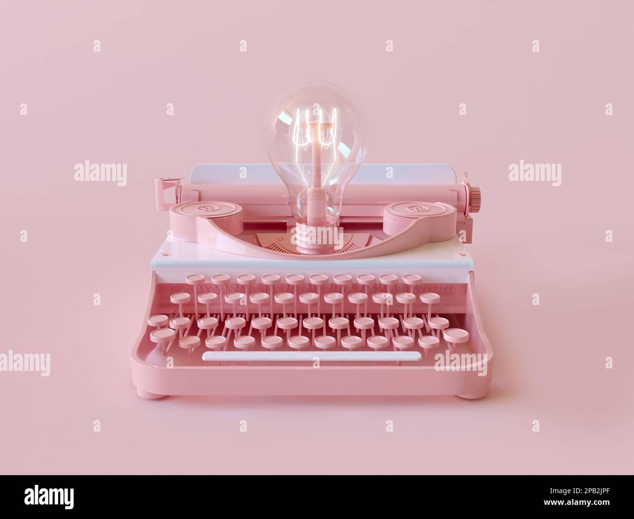 Retro-Schreibmaschine mit Glühlampenbeleuchtung. Copy Space minimales Konzept von Idee, Innovation, Genie, Autor, Plot, Journalismus, Inspiration. 3D-Rendern Stockfoto