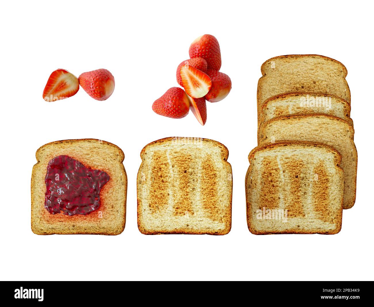 Oben mit einer Scheibe Toastbrot. Draufsicht des mit Erdbeermarmelade gefüllten Brots und Scheiben Erdbeeren isoliert auf weißem Hintergrund Stockfoto