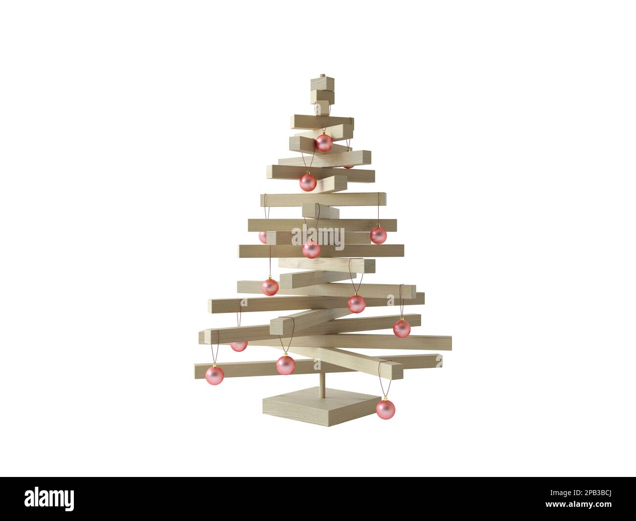 Transparenter PNG-Clipart. Kreativer ungewöhnlicher Weihnachtsbaum. Ein Weihnachtsbaum aus glatten Holzriegeln, dekoriert mit kleinen pinken Weihnachtskugeln. Stockfoto