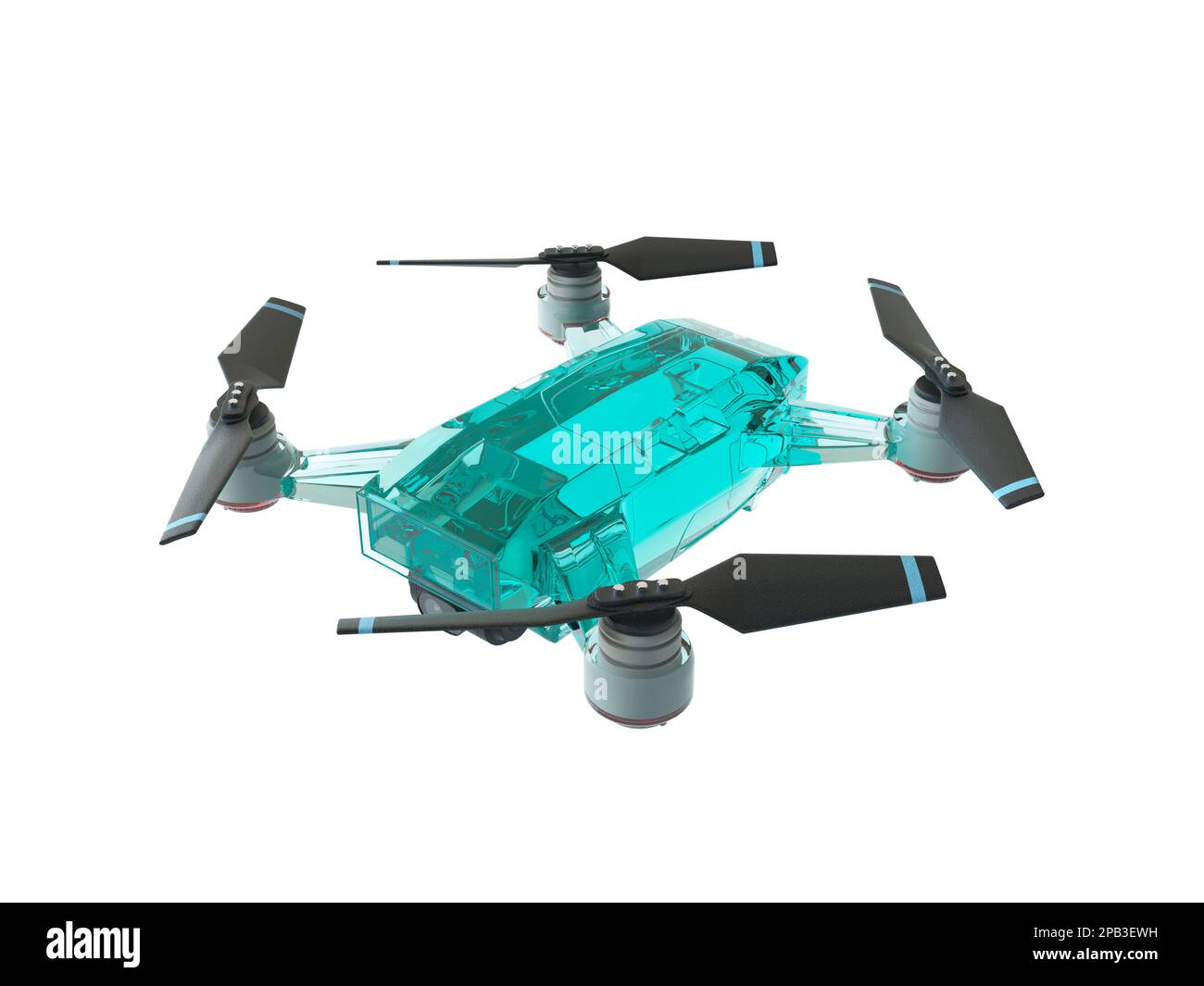 Kreative Drohne aus grünem Glas. Durchsichtiger Quadcopter aus Glas. Das Konzept der Kombination von Technik und Kunst. Isoliert auf weißem Hintergrund Stockfoto