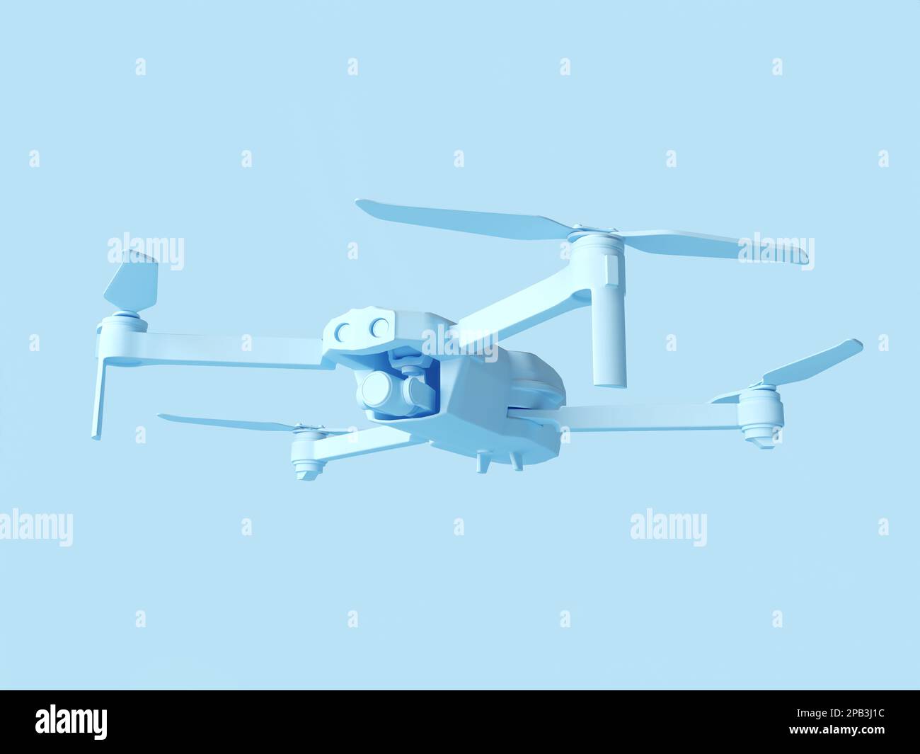 Ferngesteuerte Luftdrohne. Hubschrauberflug mit kleiner Action-Videokamera. Einfarbige blaue Pro-Drohne während des Fluges. 3D-Darstellung rendern Stockfoto