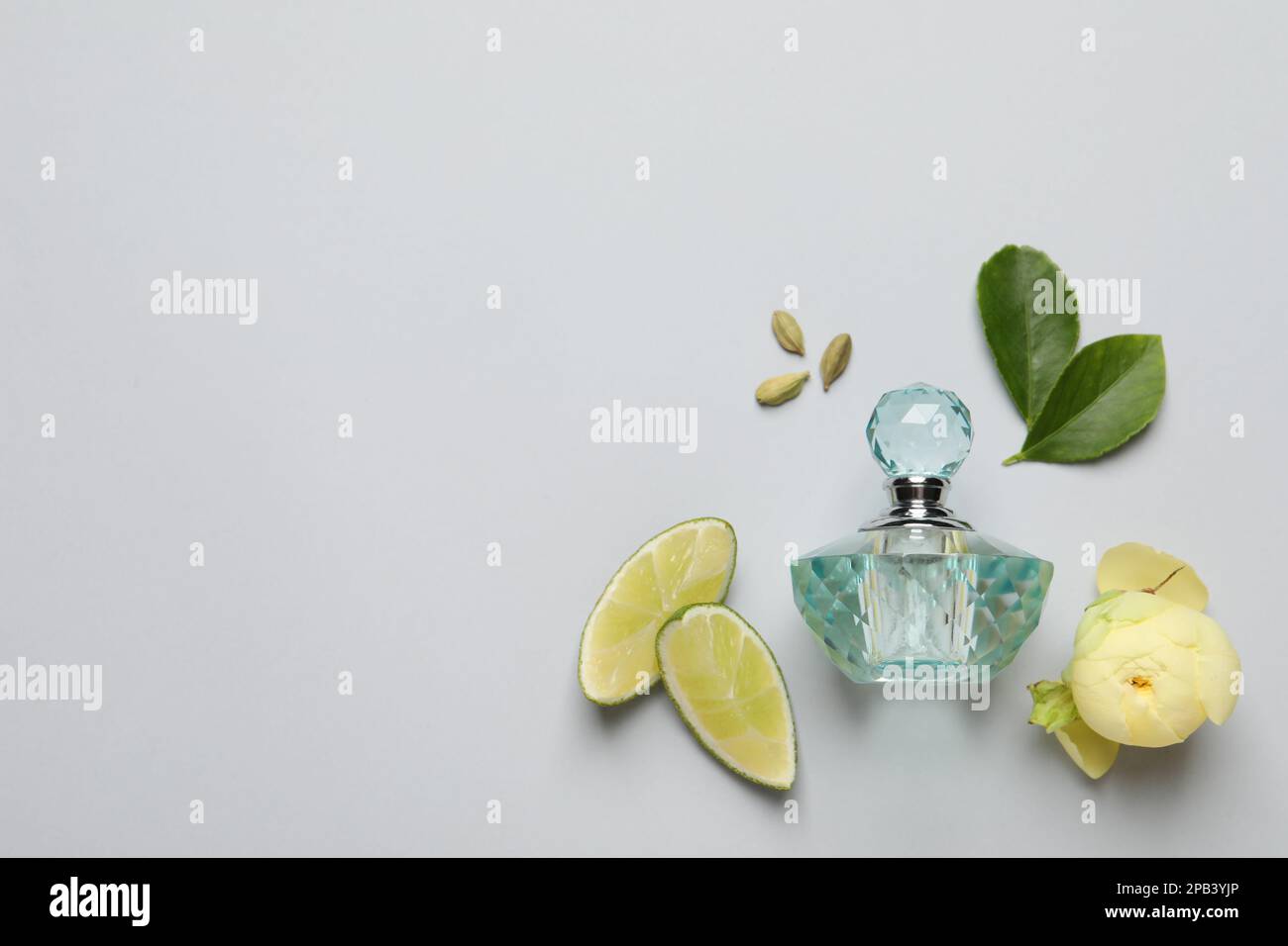 Flache Laienzusammensetzung mit einer Flasche Parfüm, Limette und Blume auf hellgrauem Hintergrund. Platz für Text Stockfoto