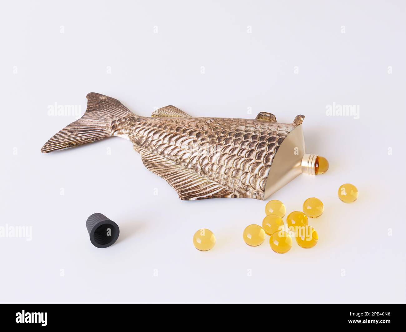 Kreative Verpackung für Vitamine, ein Röhrchen mit einem Deckel in Form eines Fisches. Kapseln mit Fischöl und Pillen liegen auf weißem Hintergrund. 3D-Rendern Stockfoto