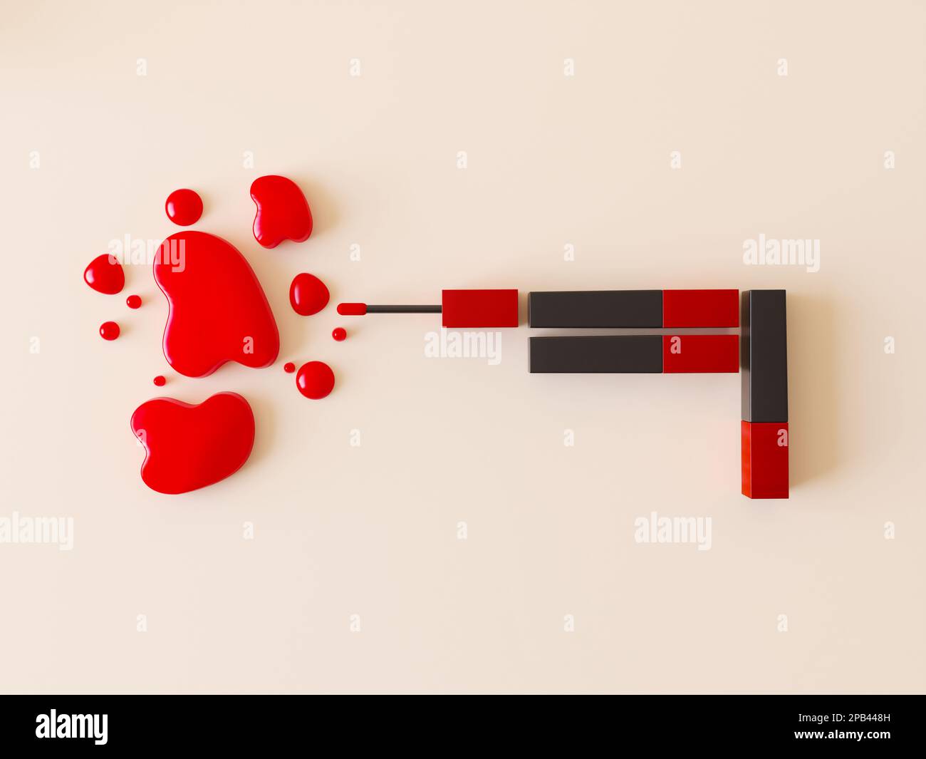 Roter Lipgloss in Form einer Pistole, offener Lipgloss mit Tropfen. Kreatives Beauty-Shot-Konzept, Beauty-Kills, Make-up als Waffe, Killer-Make-up Stockfoto