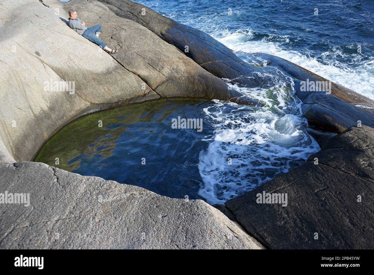 Jettegrytene, Gletschermühle, Sild, Gemeinde Risör, Südnorwegen, Whirlpool, Scour, Gletscherform, Norwegen, Europa Stockfoto