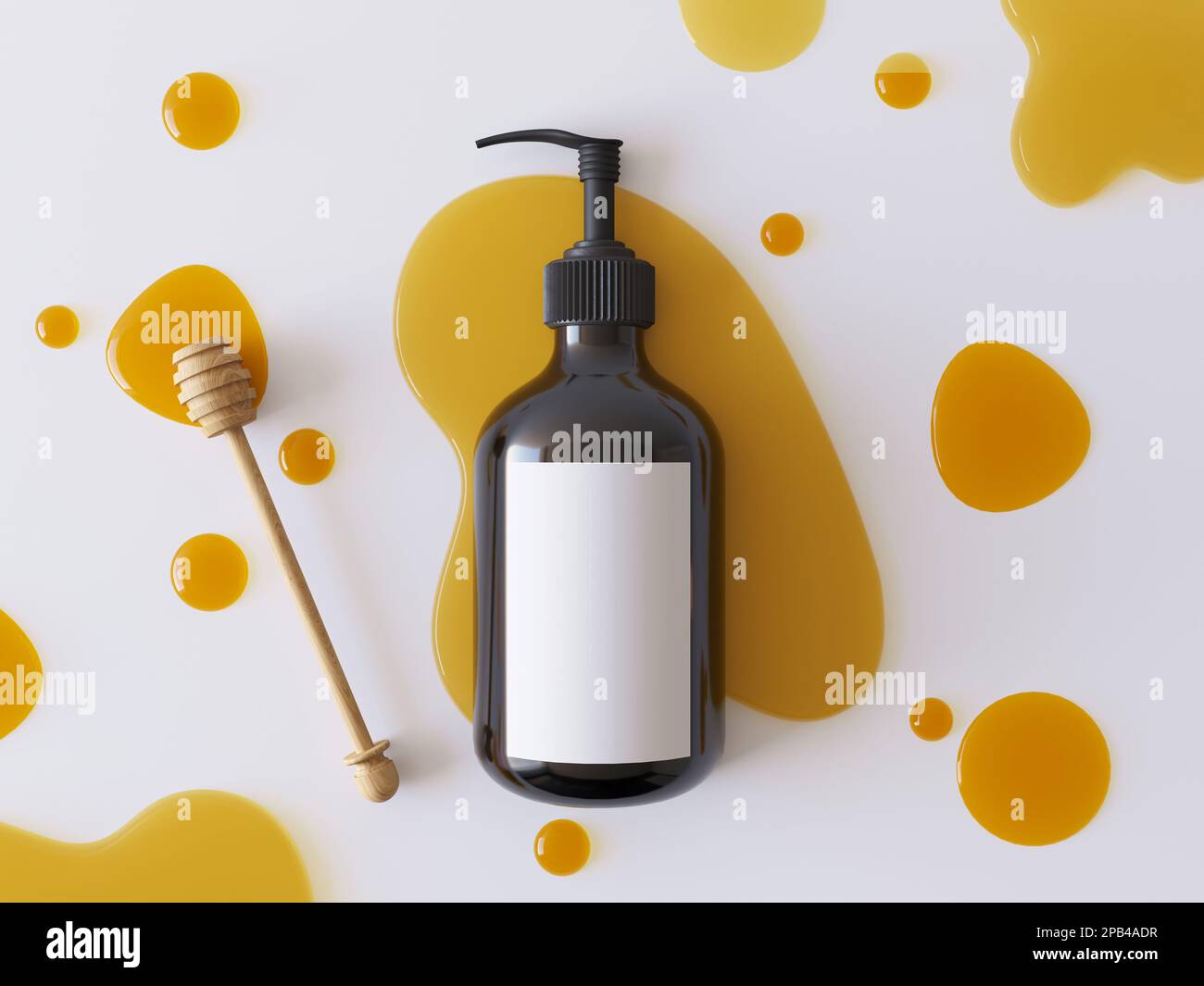 Große dunkle Plastikflasche für Shampoo, Duschgel oder Flüssigseife mit Honiggeschmack. Honigstäbchen, Modell von Honigkosmetikgel, isoliert auf Honig Stockfoto