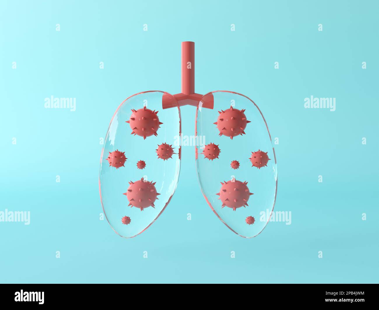 Atmen. Infektionen der Lunge. Glaslunge mit Covid 19 , Coronavirus 2019-n, Cartoon-Stil, Pastellfarben. Mikroskopische Betrachtung des schwimmenden Influenzavirus Stockfoto