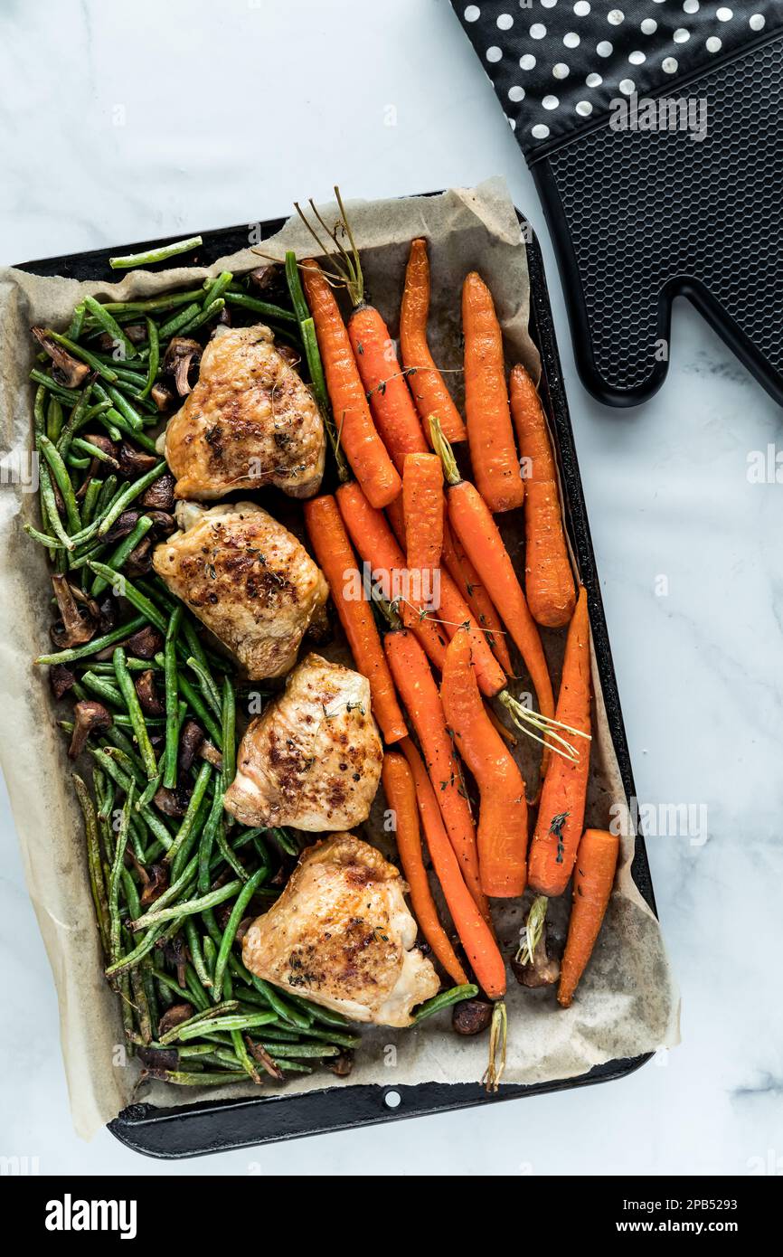 Ansicht einer Laken-Pfanne mit gebratenen Hähnchenschenkeln und Gemüse von oben nach unten. Stockfoto