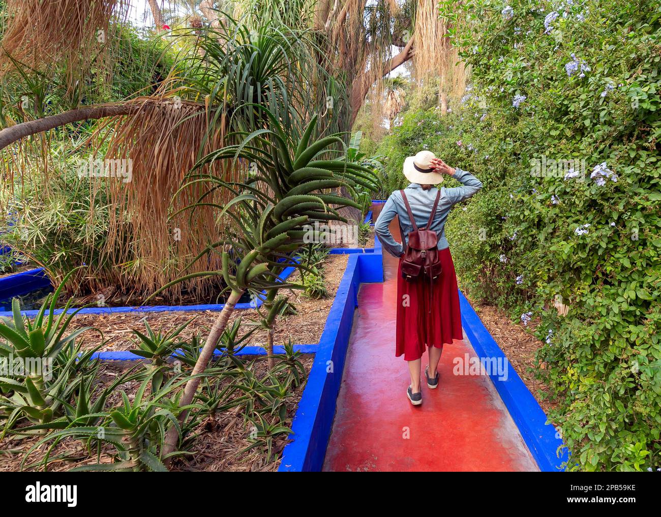 Ein Tourist mit Hut in Jardin Majorelle, Marocco Stockfoto