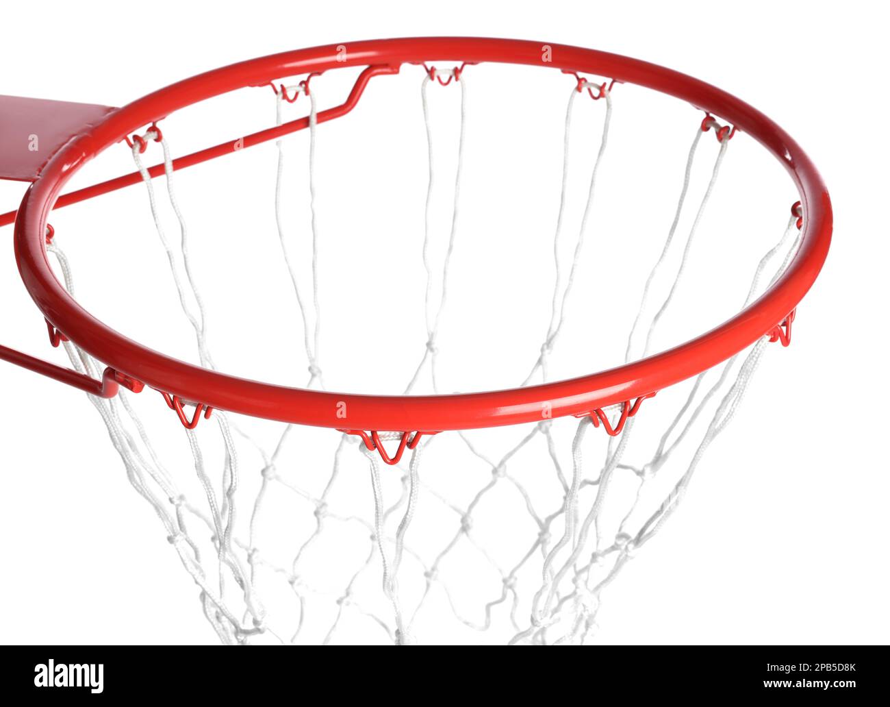 Basketballkorb mit Netz auf weißem Hintergrund, Nahaufnahme Stockfoto