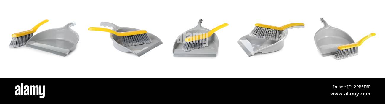 Set mit Handbesen und Kehrschaufeln aus Kunststoff auf weißem Hintergrund. Bannerdesign Stockfoto