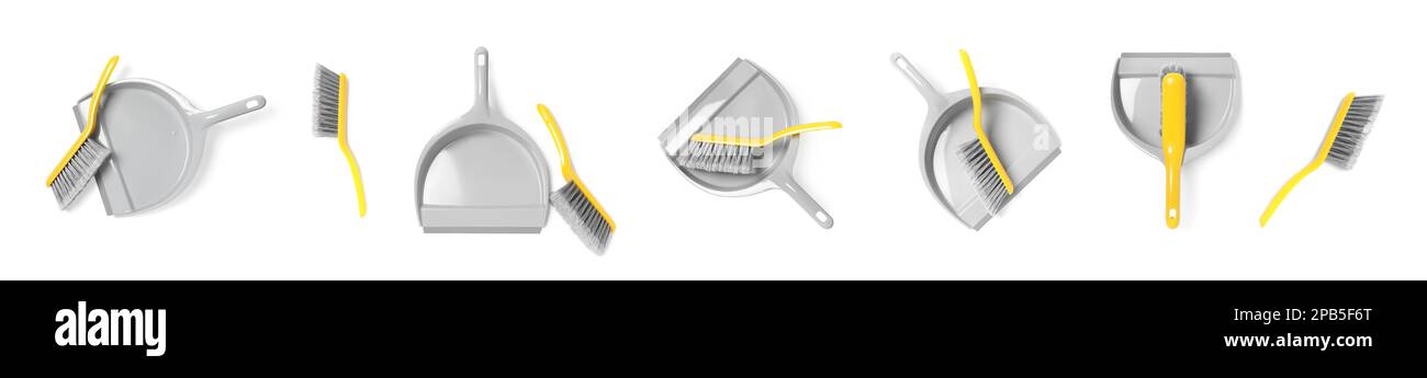 Set mit Handbesen und Kehrschaufeln aus Kunststoff auf weißem Hintergrund, Draufsicht. Bannerdesign Stockfoto