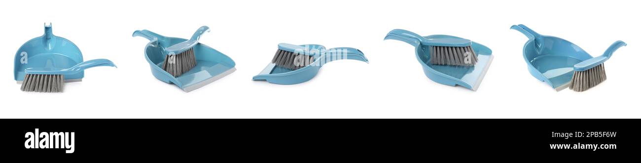 Set mit Handbesen und Kehrschaufeln aus Kunststoff auf weißem Hintergrund. Bannerdesign Stockfoto