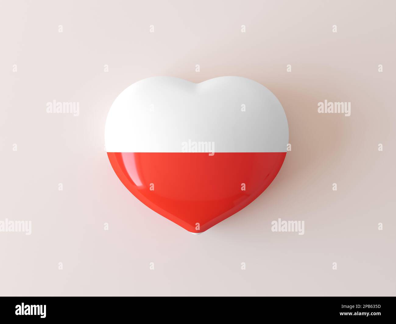 Herzsymbol mit polnischer Flagge. Isoliert auf pastellfarbenem Hintergrund. 3D-Darstellung rendern. Ich liebe Polen-Symbol. 3D Fahnensymbol mit polnischem Herz. 3D Herzfahne Stockfoto