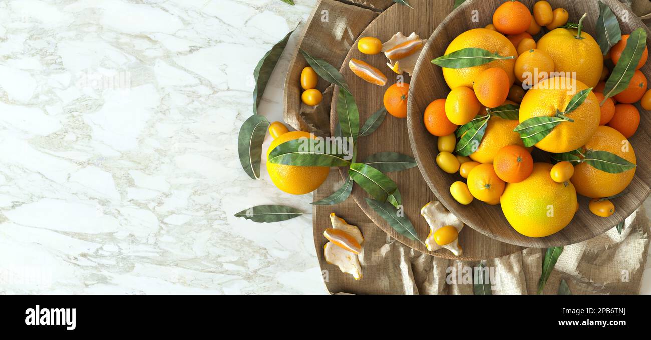 Frische organische Clementinen, gepflückt mit grünen Blättern. Horizontales Banner mit vielen Orangen in verschiedenen Größen. Reife, süße Mandarine mit Blättern Stockfoto